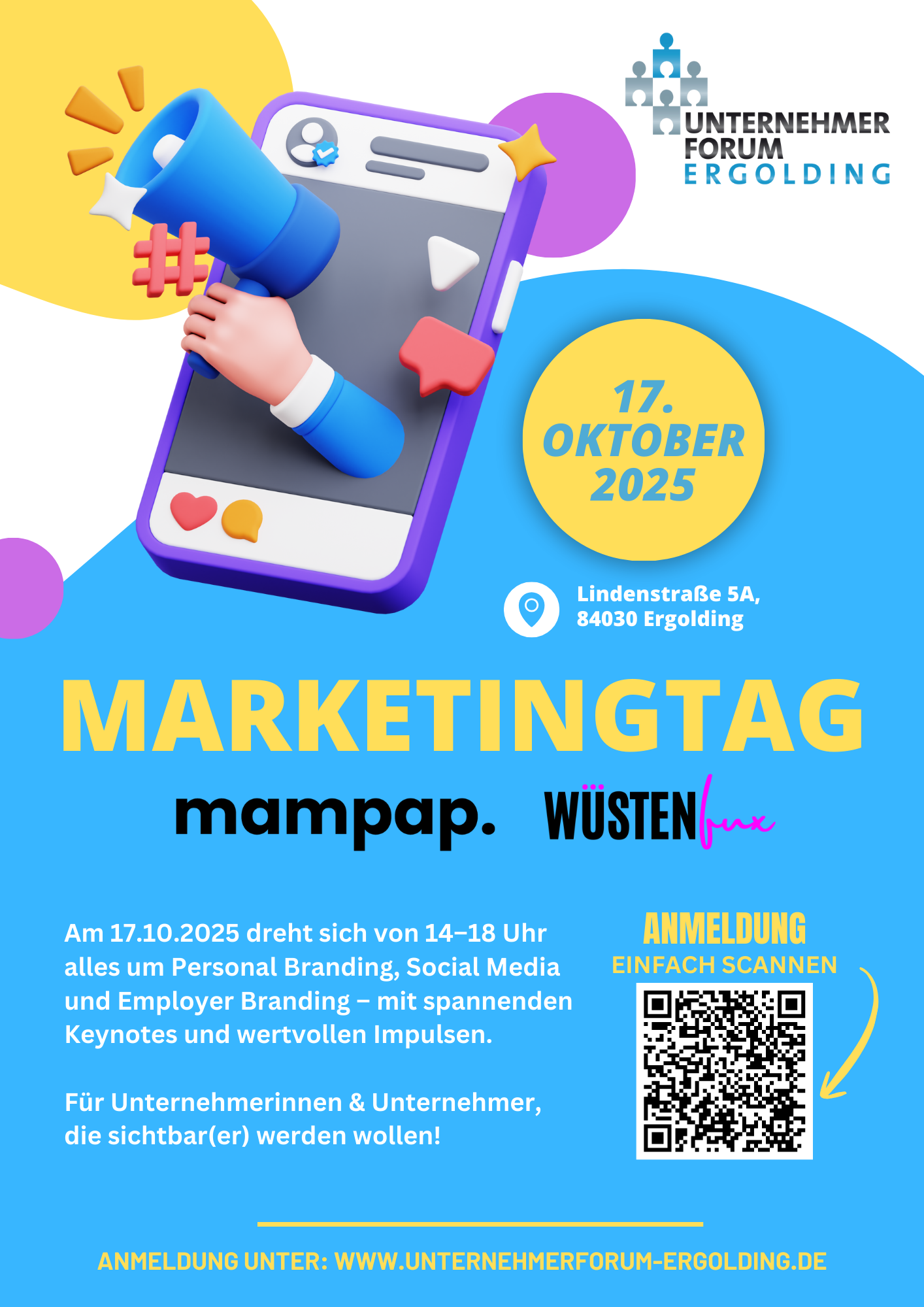 Flyer für den Marketingtag Ergolding 2025 am 17. Oktober mit wüstenfUX und mampap.